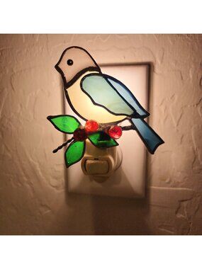 Vintage Stained Glass Night Light Blue Bird Holly